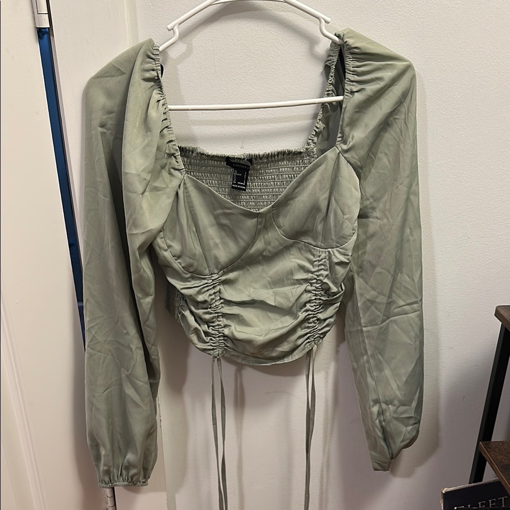 Forever 21 Green Ruched Tie Front Blouse